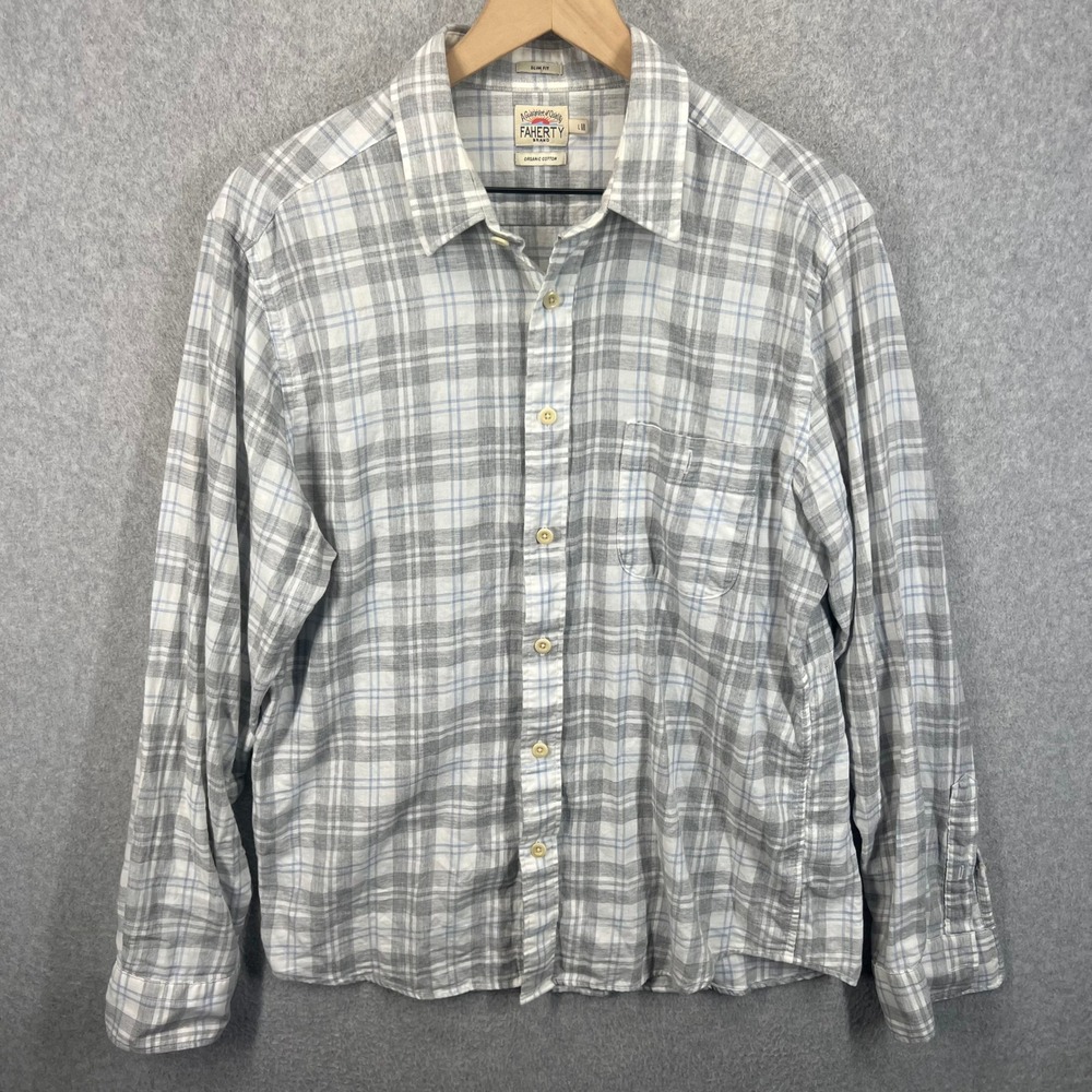 Faherty Button Down Shirt Mens L‎ Gray Plaid Organic Cotton Slim Fit EUC